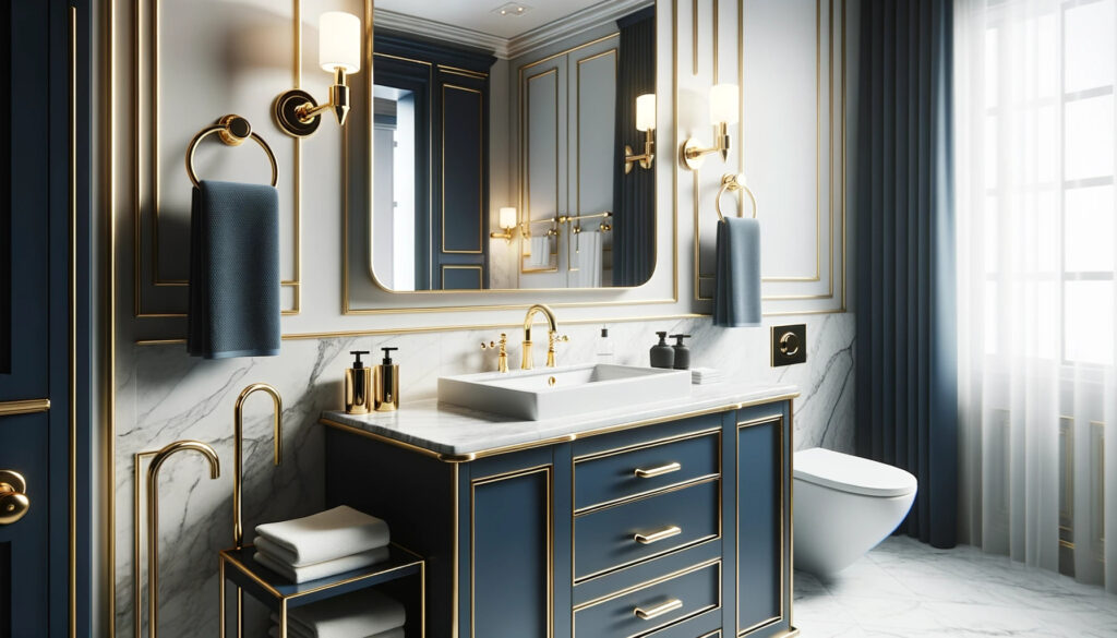 navy blue vanity bathroom Ideas design Gold and Brass Fixtures 